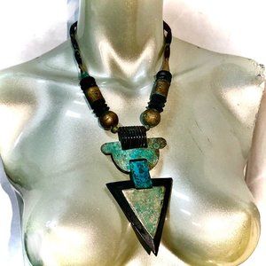 Vtg Natural Horn Brass Verdigris Ethnic Tribal Necklace Pendant